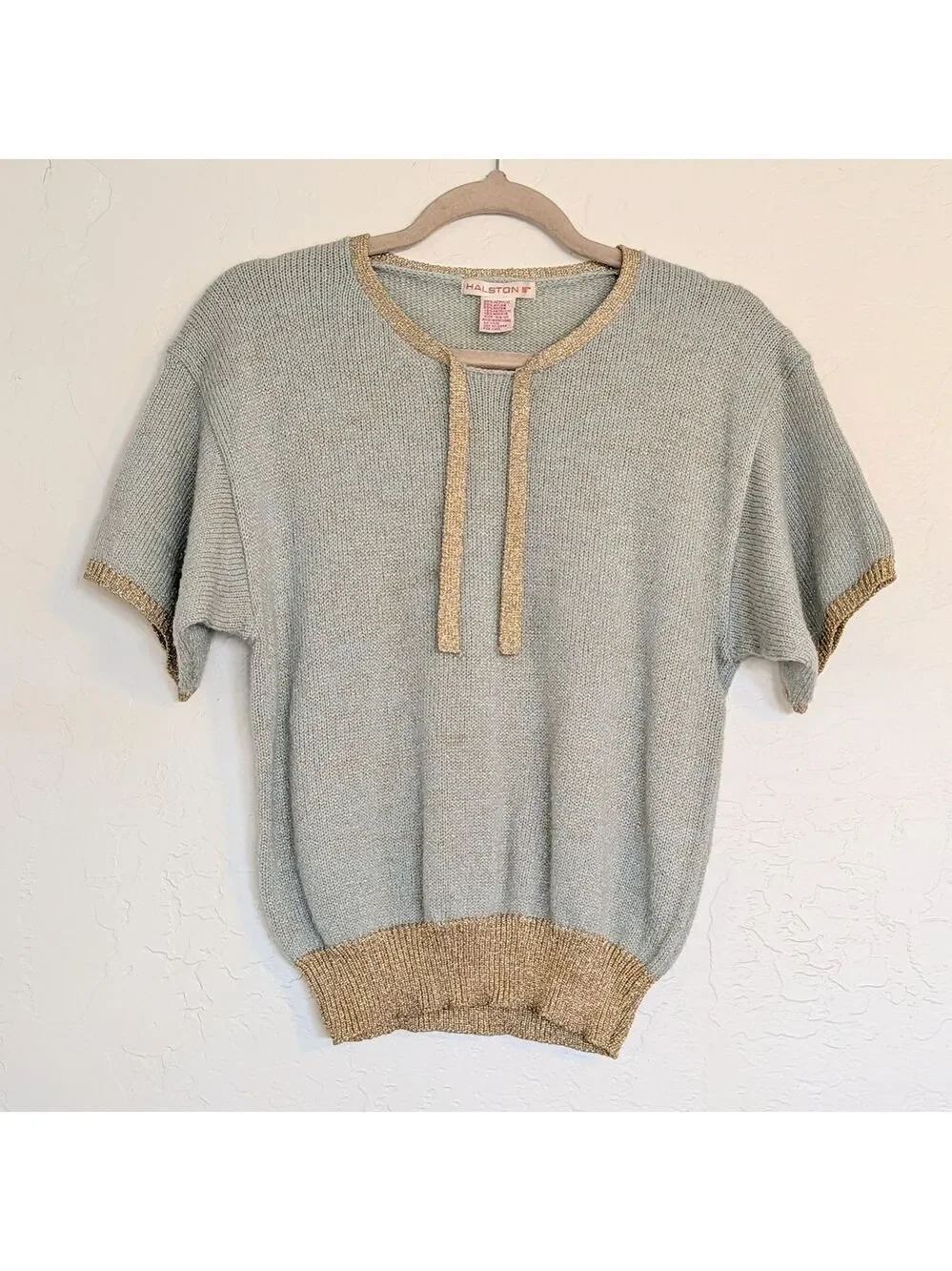 VTG Cardigan Short Sleeve Sweater Set Light Mint Green Gold Trim 80s Grandmacore